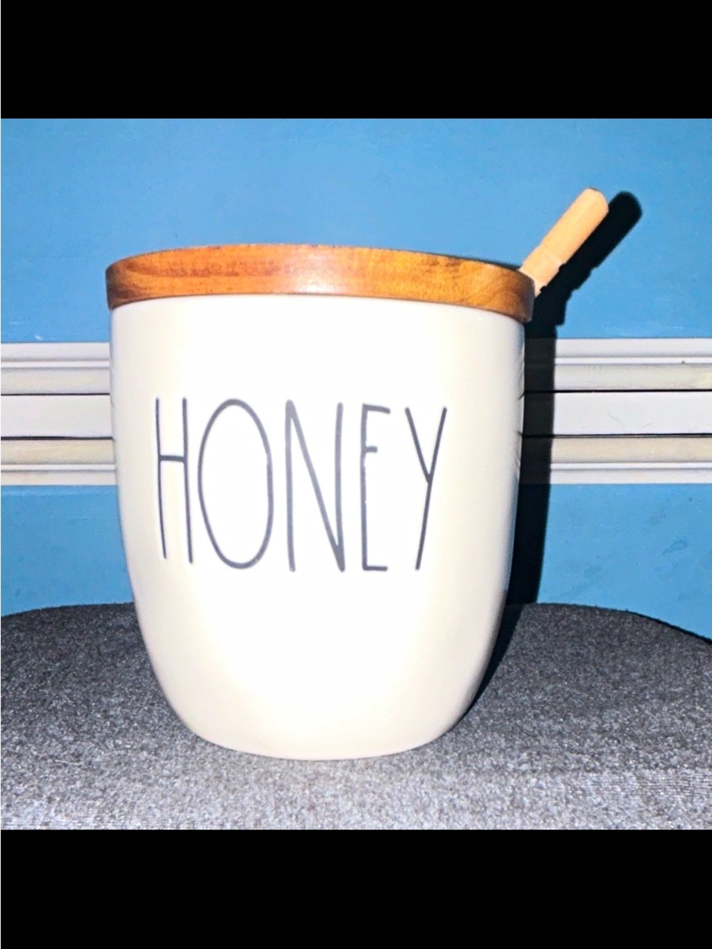 Rae Dunn Cream Ceramic HONEY Jar with Wood Lid and Dipper